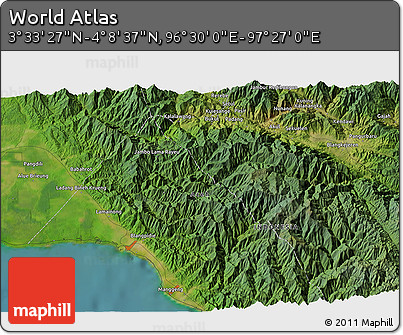 Satellite 3D Map of the Area around 3° 51' 2" N, 96° 58' 29" E