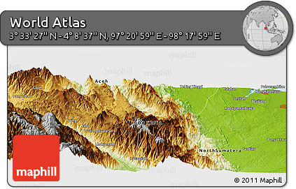 Physical Panoramic Map of the Area around 3° 51' 2" N, 97° 49' 29" E