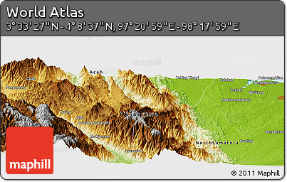 Physical Panoramic Map of the Area around 3° 51' 2" N, 97° 49' 29" E