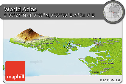 Physical Panoramic Map of the Area around 3° 51' 2" N, 9° 25' 30" E