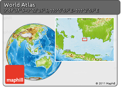 Physical Location Map of the Area around 3° 30' 2" S, 110° 34' 29" E