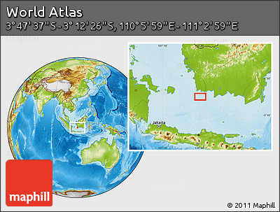 Physical Location Map of the Area around 3° 30' 2" S, 110° 34' 29" E