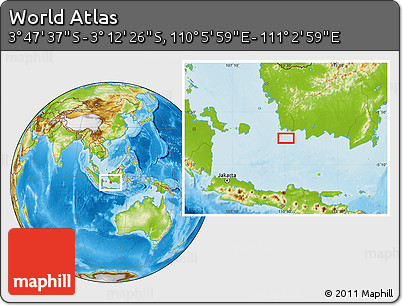 Physical Location Map of the Area around 3° 30' 2" S, 110° 34' 29" E