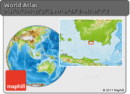 Physical Location Map of the Area around 3° 30' 2" S, 112° 16' 30" E