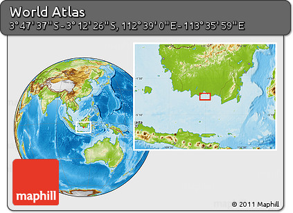 Physical Location Map of the Area around 3° 30' 2" S, 113° 7' 30" E