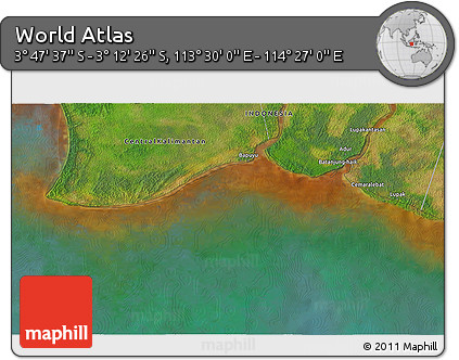 Satellite 3D Map of the Area around 3° 30' 2" S, 113° 58' 29" E