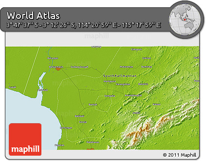 Physical 3D Map of the Area around 3° 30' 2" S, 114° 49' 29" E