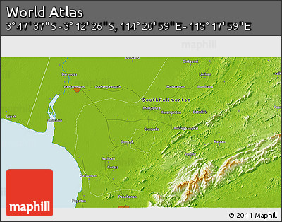 Physical 3D Map of the Area around 3° 30' 2" S, 114° 49' 29" E
