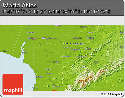 Physical 3D Map of the Area around 3° 30' 2" S, 114° 49' 29" E