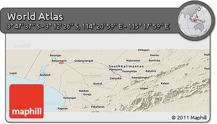 Shaded Relief Panoramic Map of the Area around 3° 30' 2" S, 114° 49' 29" E
