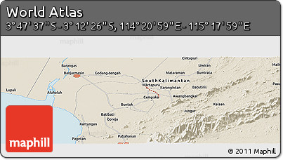Shaded Relief Panoramic Map of the Area around 3° 30' 2" S, 114° 49' 29" E