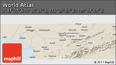 Shaded Relief Panoramic Map of the Area around 3° 30' 2" S, 114° 49' 29" E
