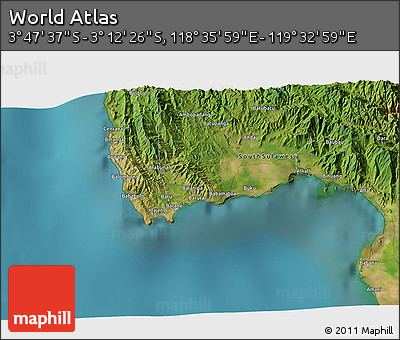 Satellite 3D Map of the Area around 3° 30' 2" S, 119° 4' 29" E