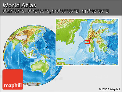 Physical Location Map of the Area around 3° 30' 2" S, 119° 4' 29" E