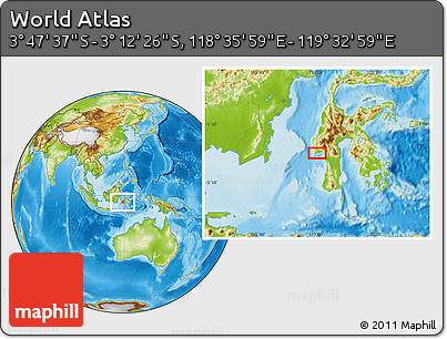 Physical Location Map of the Area around 3° 30' 2" S, 119° 4' 29" E