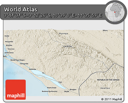 Shaded Relief 3D Map of the Area around 3° 30' 2" S, 11° 7' 30" E