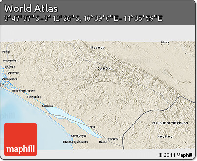 Shaded Relief 3D Map of the Area around 3° 30' 2" S, 11° 7' 30" E