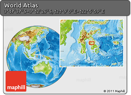 Physical Location Map of the Area around 3° 30' 2" S, 121° 37' 30" E