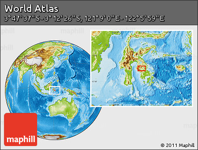 Physical Location Map of the Area around 3° 30' 2" S, 121° 37' 30" E