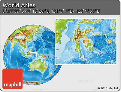 Physical Location Map of the Area around 3° 30' 2" S, 121° 37' 30" E