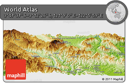 Physical Panoramic Map of the Area around 3° 30' 2" S, 121° 37' 30" E