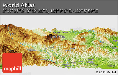 Physical Panoramic Map of the Area around 3° 30' 2" S, 121° 37' 30" E