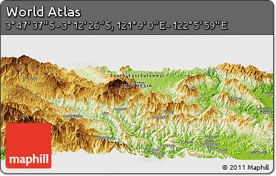 Physical Panoramic Map of the Area around 3° 30' 2" S, 121° 37' 30" E