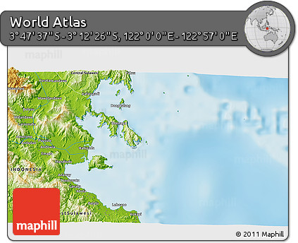 Physical 3D Map of the Area around 3° 30' 2" S, 122° 28' 29" E