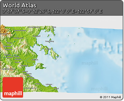 Physical 3D Map of the Area around 3° 30' 2" S, 122° 28' 29" E