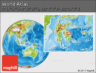 Physical Location Map of the Area around 3° 30' 2" S, 122° 28' 29" E