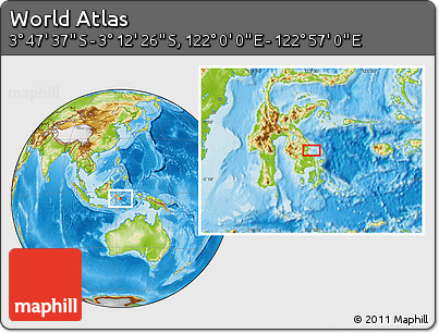 Physical Location Map of the Area around 3° 30' 2" S, 122° 28' 29" E