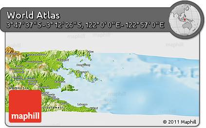 Physical Panoramic Map of the Area around 3° 30' 2" S, 122° 28' 29" E