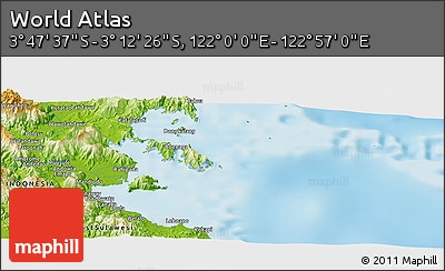 Physical Panoramic Map of the Area around 3° 30' 2" S, 122° 28' 29" E