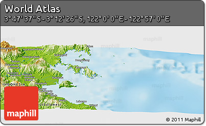 Physical Panoramic Map of the Area around 3° 30' 2" S, 122° 28' 29" E