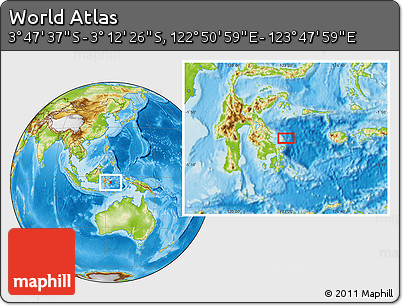 Physical Location Map of the Area around 3° 30' 2" S, 123° 19' 29" E