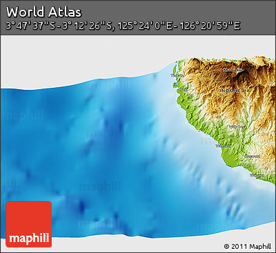 Physical 3D Map of the Area around 3° 30' 2" S, 125° 52' 30" E
