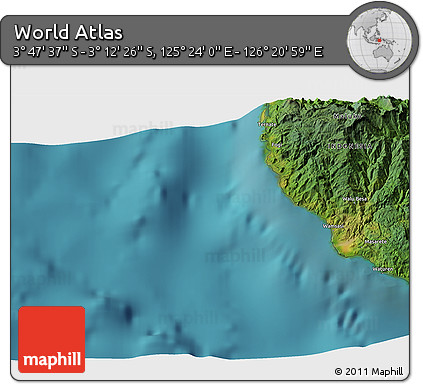 Satellite 3D Map of the Area around 3° 30' 2" S, 125° 52' 30" E