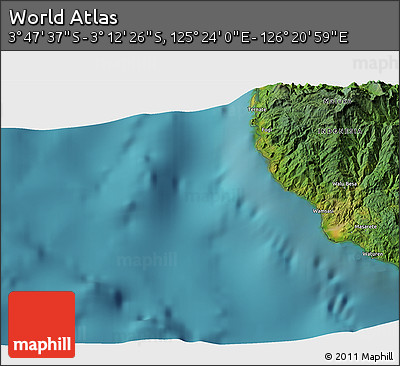 Satellite 3D Map of the Area around 3° 30' 2" S, 125° 52' 30" E