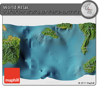 Satellite 3D Map of the Area around 3° 30' 2" S, 127° 34' 30" E