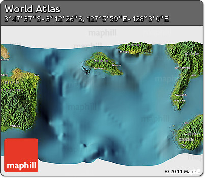 Satellite 3D Map of the Area around 3° 30' 2" S, 127° 34' 30" E