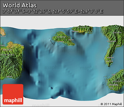 Satellite 3D Map of the Area around 3° 30' 2" S, 127° 34' 30" E