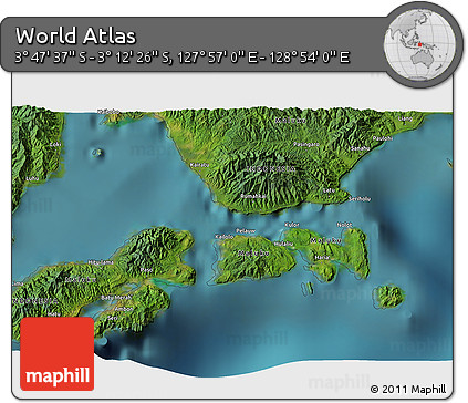 Satellite 3D Map of the Area around 3° 30' 2" S, 128° 25' 30" E