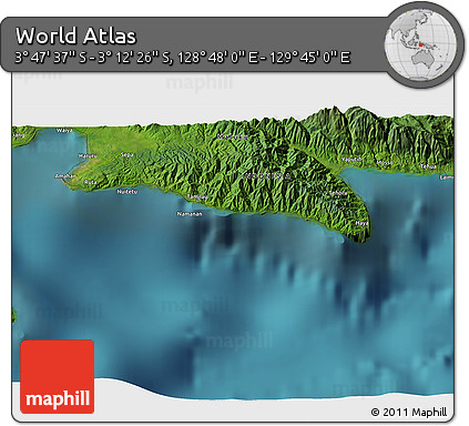 Satellite 3D Map of the Area around 3° 30' 2" S, 129° 16' 30" E