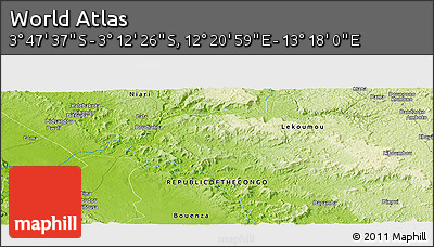 Physical Panoramic Map of the Area around 3° 30' 2" S, 12° 49' 29" E