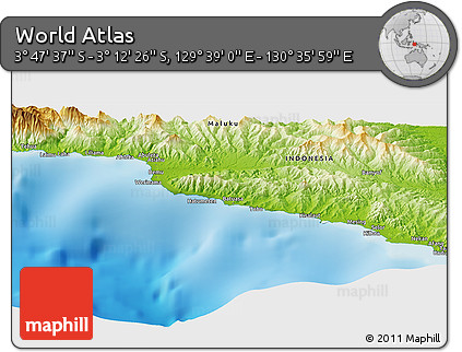 Physical Panoramic Map of the Area around 3° 30' 2" S, 130° 7' 30" E