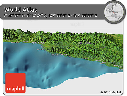 Satellite Panoramic Map of the Area around 3° 30' 2" S, 130° 7' 30" E