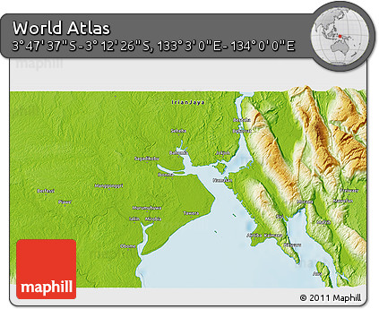 Physical 3D Map of the Area around 3° 30' 2" S, 133° 31' 30" E