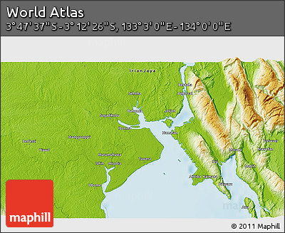 Physical 3D Map of the Area around 3° 30' 2" S, 133° 31' 30" E
