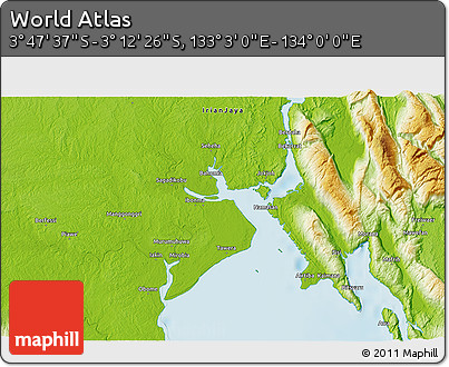 Physical 3D Map of the Area around 3° 30' 2" S, 133° 31' 30" E
