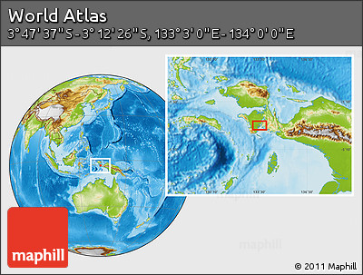 Physical Location Map of the Area around 3° 30' 2" S, 133° 31' 30" E